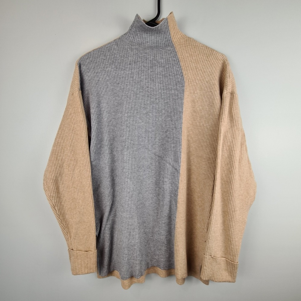 Cara Santana x Nine West Tan Gray Colorblock Lightweight Ribbed Sweater Small